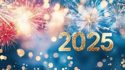 "2025" in the Sky with Fireworks, Clouds, and Gold Particles, Celebrating the New Year in a Dynamic and Festive Atmosphere