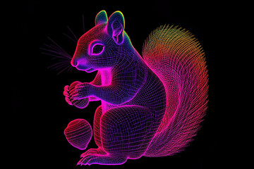 A captivating neon wireframe representation of a squirrel with an acorn, isolated on a dark background --ar 3:2 --s 50