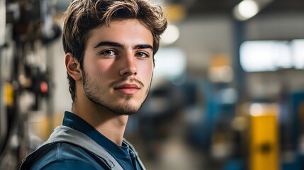Fototapeta premium Portrait of worker in factory. Young handsome man working in factory. 