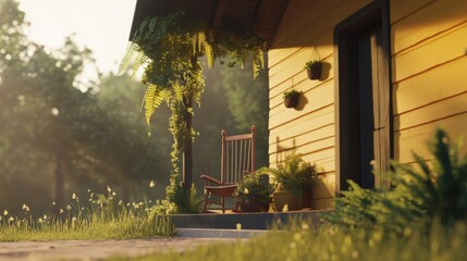 Cozy Home with Rocking Chair and Lush Greenery