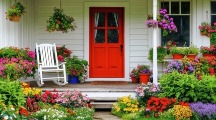 Vibrant Flower-Decorated Porch with Red Door