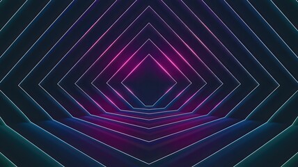 Neon light tunnel with vibrant colors and geometric shapes, digital art background.