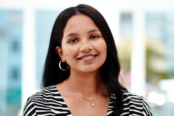 Portrait, creative and happy business woman in startup for career ambition, job growth or...