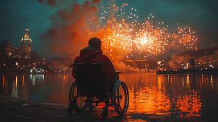 A wheelchair user enjoys the stunning fireworks finale over a serene waterfront at night