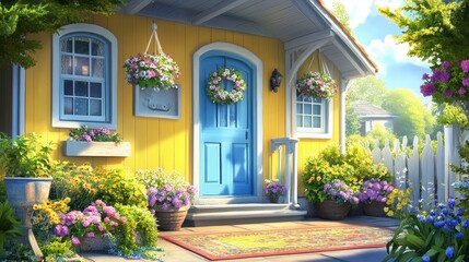 Fototapeta premium Charming Yellow House with Flower Decorations