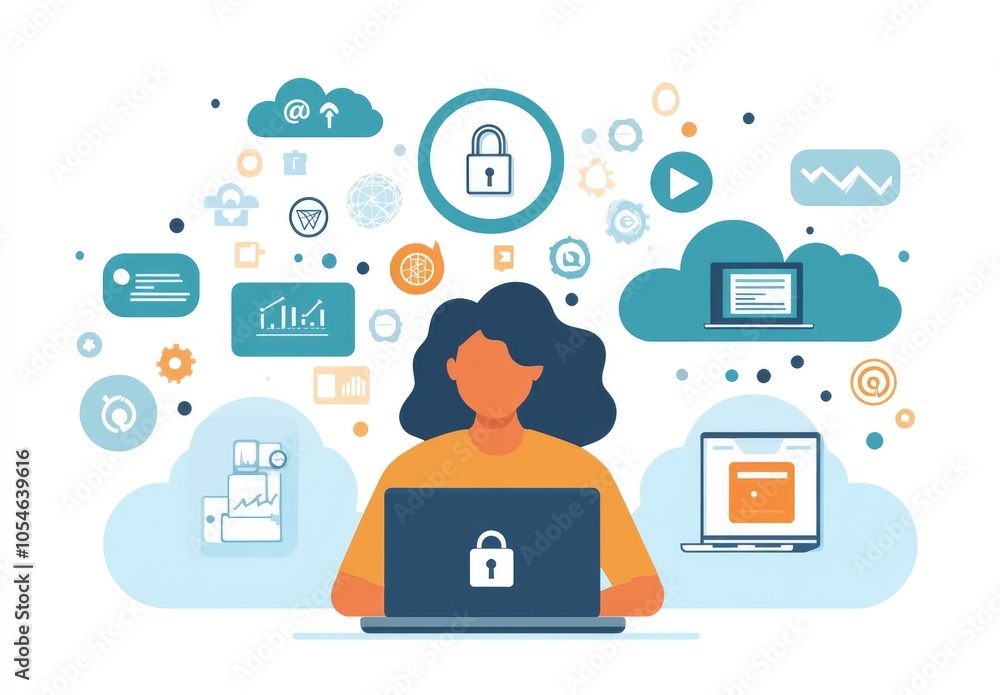 Poster woman uses laptop securing data within cloud computing environment.