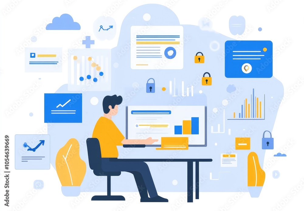Aufkleber it depicts a person working at a desk surrounded by data charts and security locks.