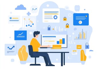 Naklejka premium It depicts a person working at a desk surrounded by data charts and security locks.