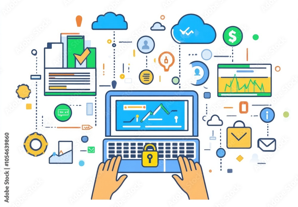 Poster hands use secure laptop accessing data charts and cloud services.