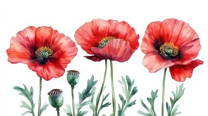 Watercolor painting of three red poppies with green leaves and seed pods on a white background.