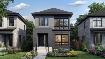 Fototapeta premium Modern Home with Stylish Exterior and Lush Landscaping