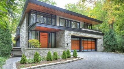 Modern House with Stone and Wood Design in Nature