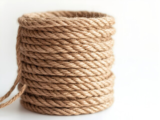 Obraz premium Close-up of a tightly wound roll of natural rope against a white background.