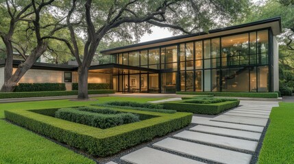 Obraz premium Modern Glass House Surrounded by Lush Greenery