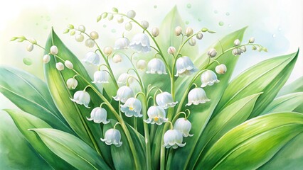 Fototapeta premium Watercolor illustration of lily of the valley flowers with shallow depth of field
