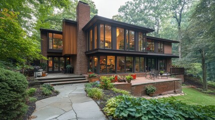 Fototapeta premium Modern Home Surrounded by Lush Greenery