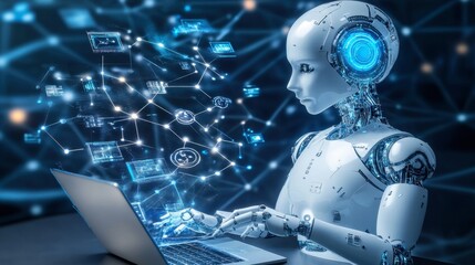 Futuristic Robot Working on Laptop with Data Visualization