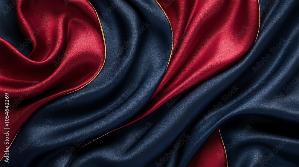 Poster a close-up image of a red and blue silky fabric with a golden thread running through the middle. the