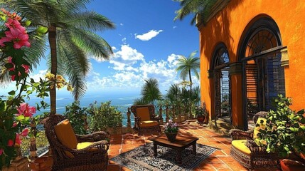 Obraz premium Vibrant Tropical Patio with Ocean View