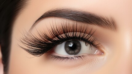 Obraz premium Stunning closeup of a female eye showcasing extreme long false eyelashes. Perfect blend of beauty and elegance.