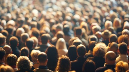 A sea of indistinct faces and a hazy stage at a bustling public lecture.