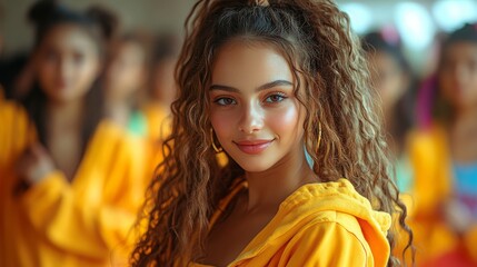 Energetic teenage girl engaged in dance fitness indoors with friends during a group workout session