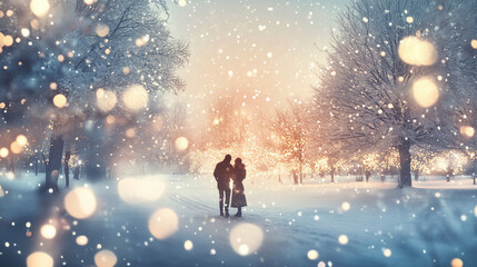 A couple walking, standing, kissing in a snowy park. Christmas, Happy New Year Celebration Background. Christmas lights, snowy trees. Romantic evening couple walking in sparkling shiny snowfal park.