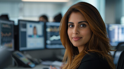 A cheerful support center worker engages with her computer, taking notes while assisting customers with care.