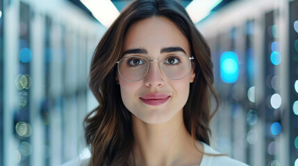 A cheerful young woman in a smart outfit manages a network in a hightech server room, exuding confidence and skill.
