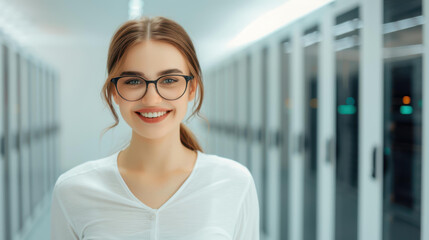 A cheerful young woman in a smart outfit manages a network in a hightech server room, exuding confidence and skill.
