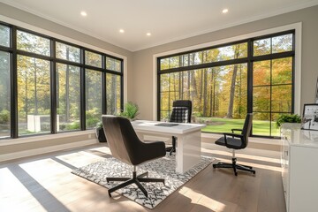 minimalist home office, chic home office featuring a sleek white desk, complemented by contemporary black chairs and a stunning window backdrop