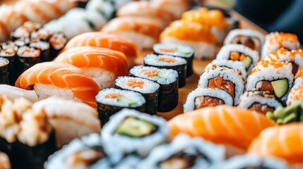 Freshly made sushi rolls with salmon and creamy avocado, perfectly set against a soft, blurred backdrop.