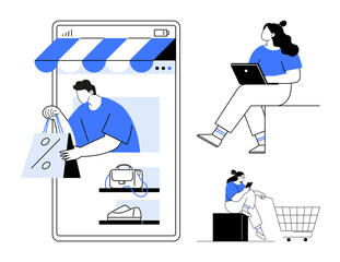 Man holding shopping bags emerging from mobile phone, woman with laptop, and woman purchasing on smartphone. Ideal for e-commerce, online shopping, mobile apps, digital marketing, consumer behavior