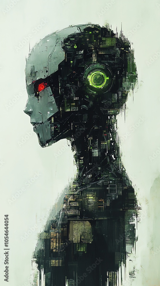 Poster a robotic head with red eyes and green circuits is depicted in a digital painting style.