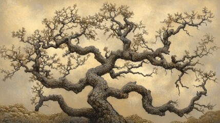 Majestic Gnarled Tree Against Soft Golden Background
