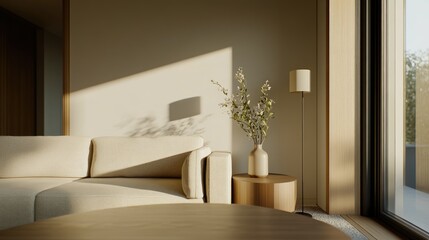 A serene and calming minimalist living room with beige walls, a light blue accent, and soft daylight illuminating a cozy sofa setup