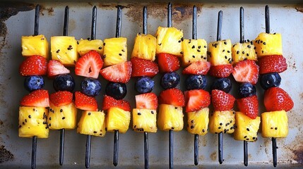 Fototapeta premium Colorful Fruit Skewers on Grill for Summer Parties