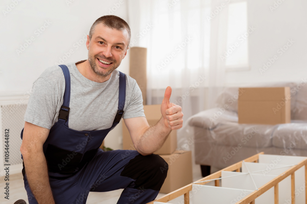 Poster professional carpenter man gesturing thumbs-up smiling to camera posing making wooden shelf indoors.