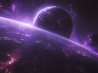 A purple planet with a glowing atmosphere in space.