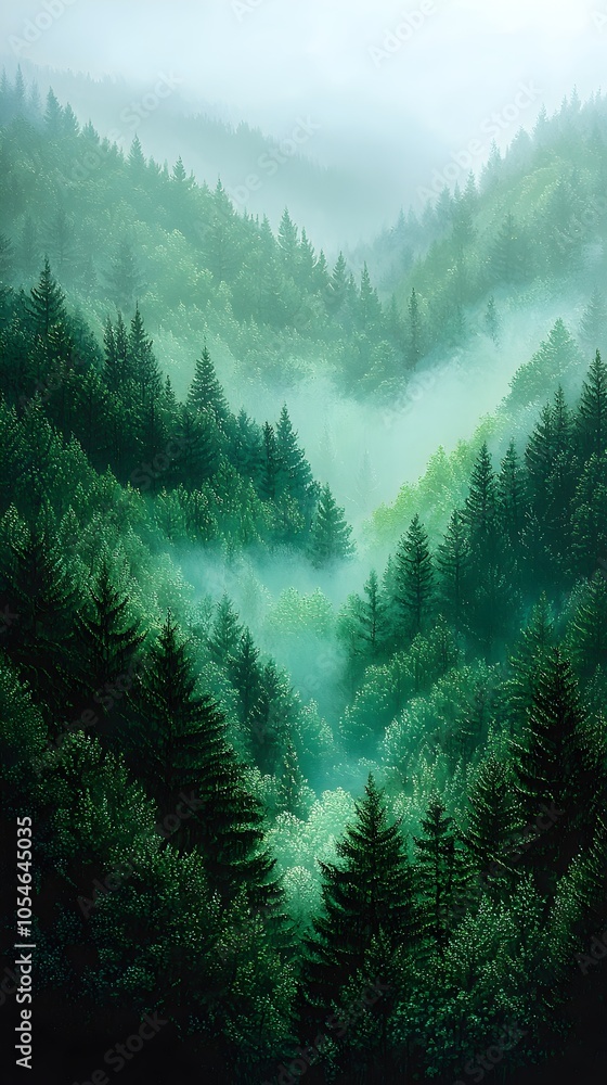 Poster a breathtaking view of a misty forest, showcasing dense green coniferous trees and ethereal fog enve