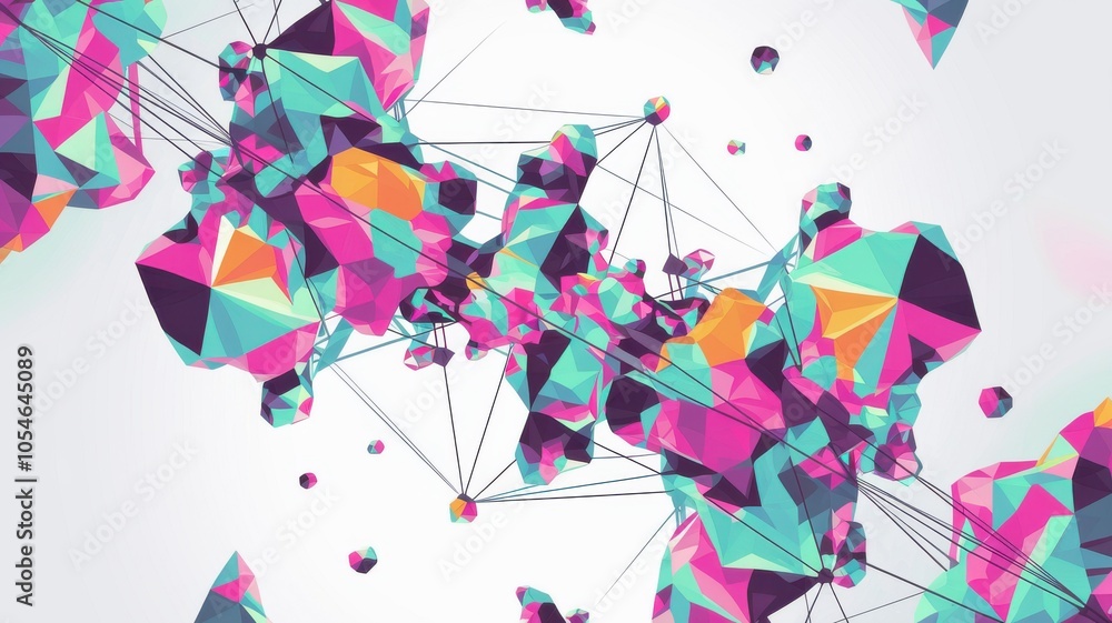 Poster abstract colorful geometric shapes with connecting lines on a bright background.