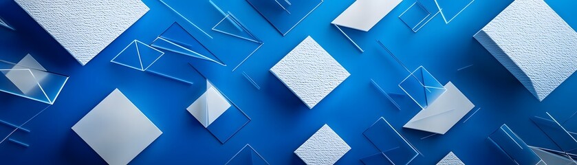 Abstract Geometric Pattern of White Squares and Blue Glass on a Blue Background