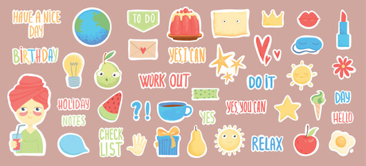 Diary stickers. Words, characters and quotes for planner journal. Trendy notebook decor with girls, food and cats. Daily reminder vector set as coffee cup, love letter, rainbow and light bulb