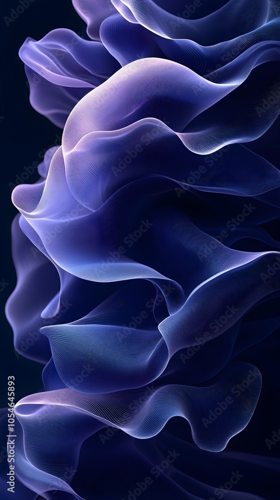 Poster A stunning abstract composition featuring flowing, translucent layers in shades of deep purple and violet, creating a sense of depth and fluidity against a dark backdrop.