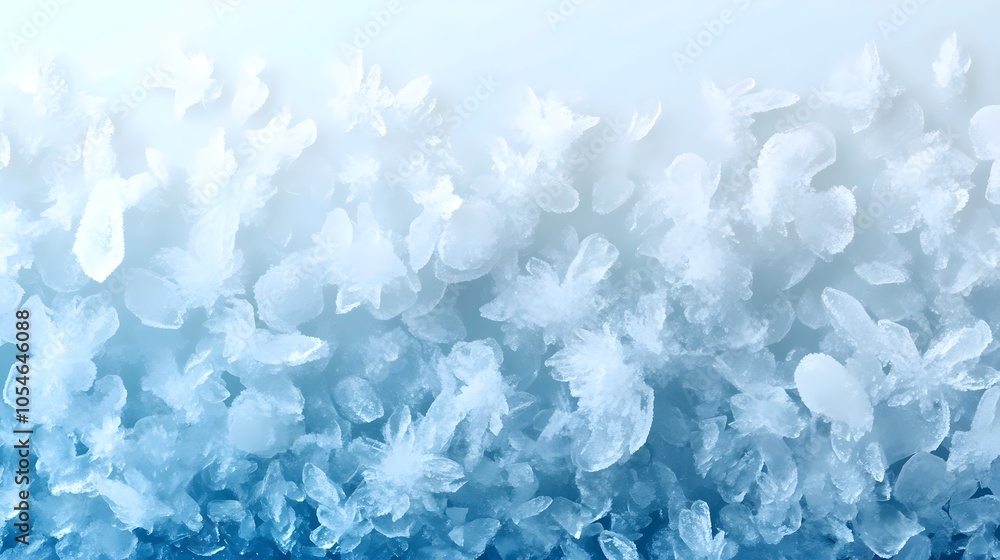 Poster a close-up view of delicate ice crystals forming on a surface, showcasing intricate patterns and a c