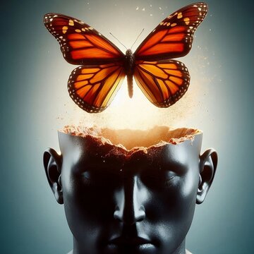 Borboleta livre para voar em illustra&ccedil;&atilde;o que retrata paz e sa&uacute;de mental