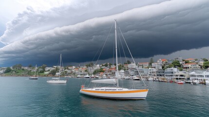 Fototapeta premium A group of racing sailboats speeds across Sydney Harbor as dark storm clouds loom above the city skyline