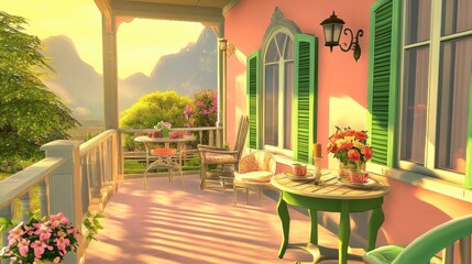 Serene Balcony with Scenic Mountain View at Sunset