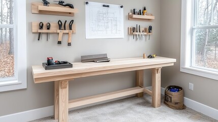 Minimalist home workshop with custom wooden workbench and tool storage
