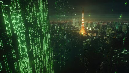 A futuristic cityscape with green code overlay and a prominent tower illuminated at night.